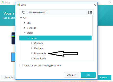Choix du dossier sur l'ordinateur